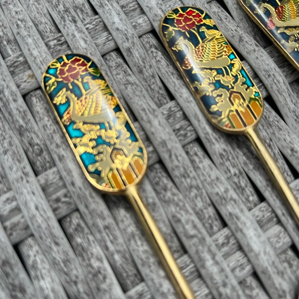 Winged Bird Traditional Asian Style Gold Plated Teaspoons Flatware Set Of 4